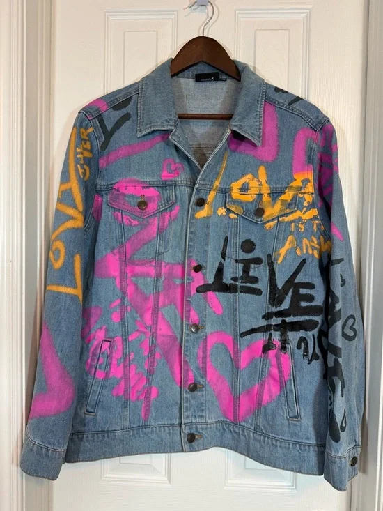 Chemistry Graffiti Print Butterfly Graphic Denim Jacket Size M - Picture 1 of 13